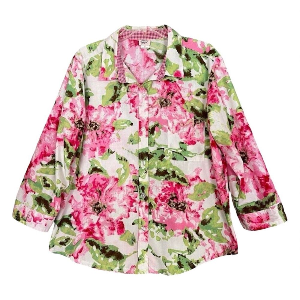 Adrian Delafield Floral Top XL Pink Gingham Spring Summer Country Cottage Easter